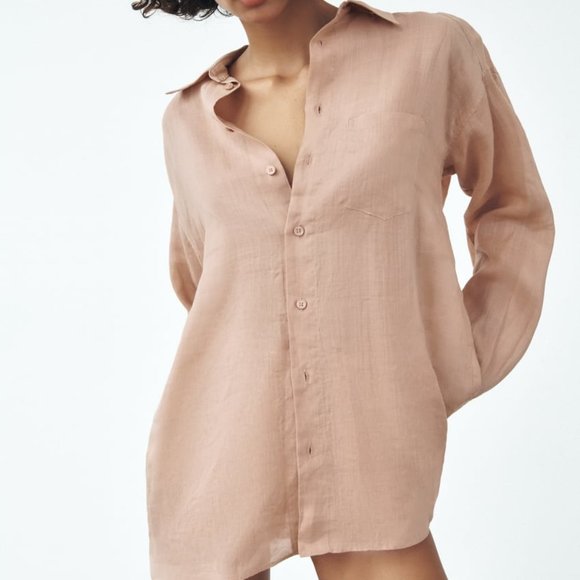 NWT ZARA OVERSIZED RAMIE SHIRT BEIGE-PINK - Picture 1 of 8